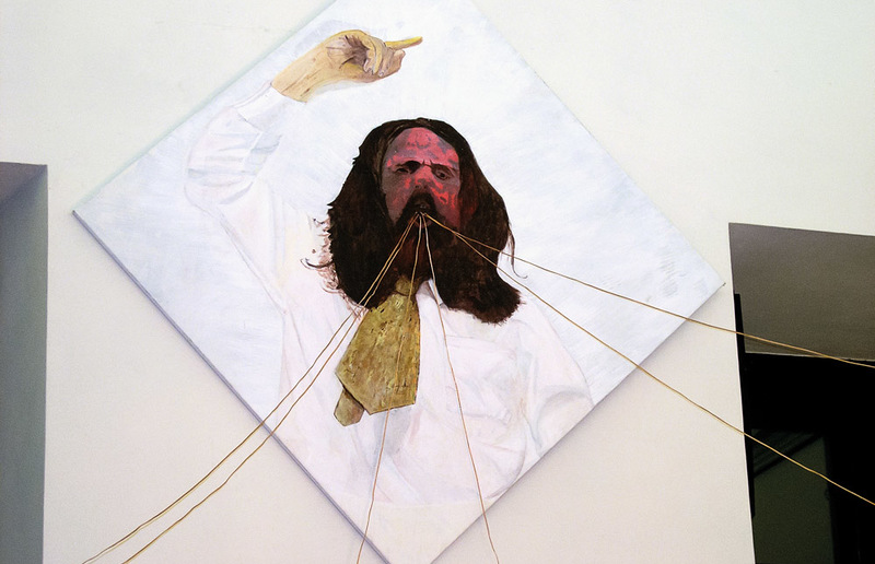 I as Moses as Godfather, 2006, Acryl auf Leinen, 178x178 cm, Lautsprecher und Kabel und Audio mit Text Deut. 32: 39–42 und Soundclips von Richard Strauss und der Gruppe SUNN O))), KULTUMdepot Graz, aus: KUNSTZU GLAUBEN. Über die Kunstwürdigkeit des G / Hannes Priesch